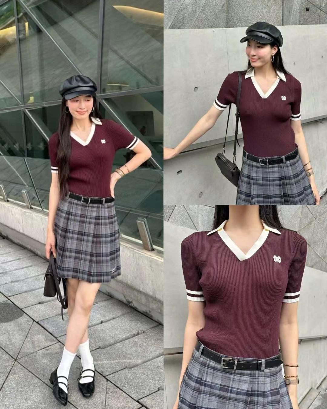 Áo cổ V Bordeaux tay sọc