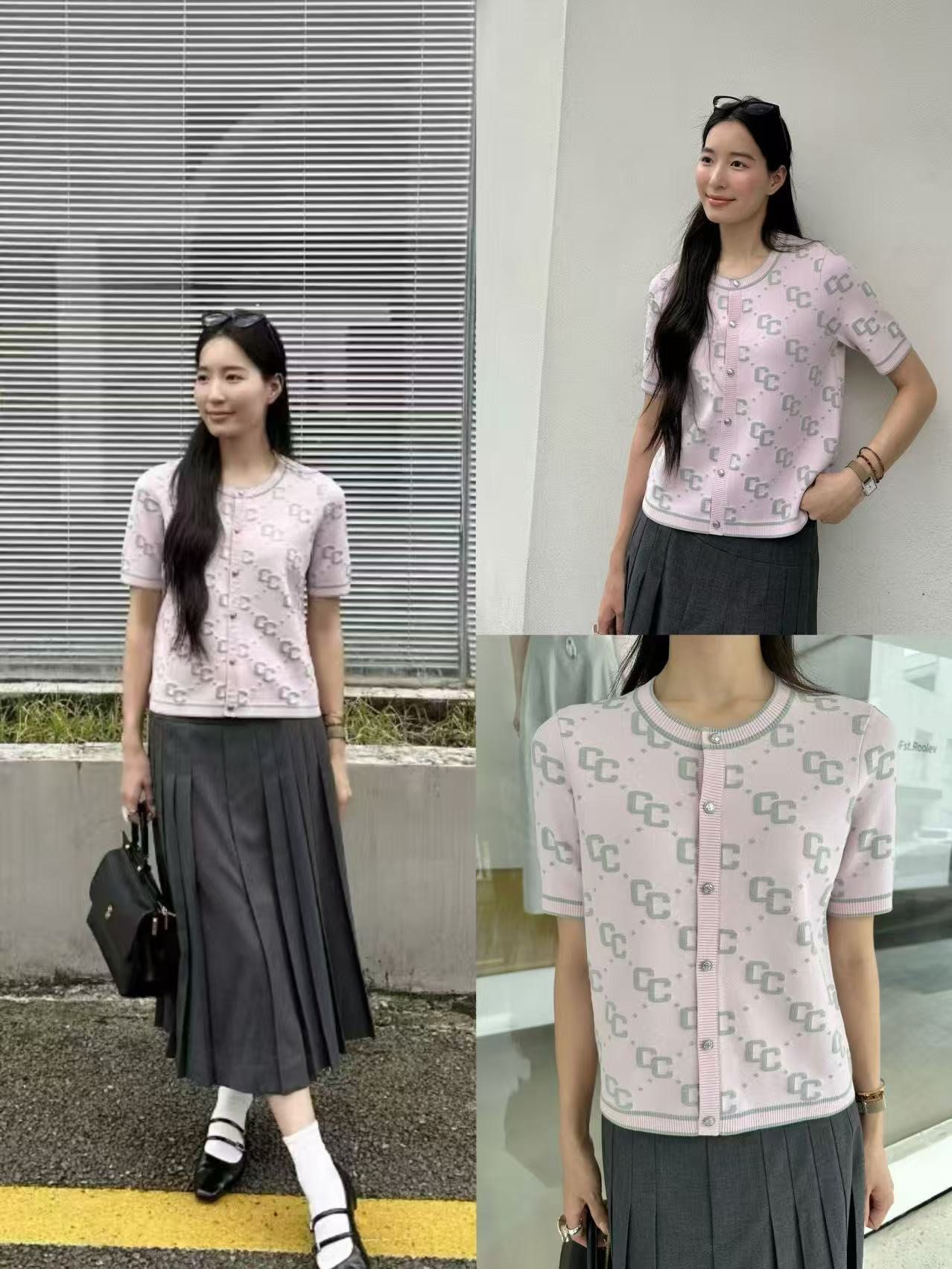 Áo CDG hồng ngắn tay full logo CC xám