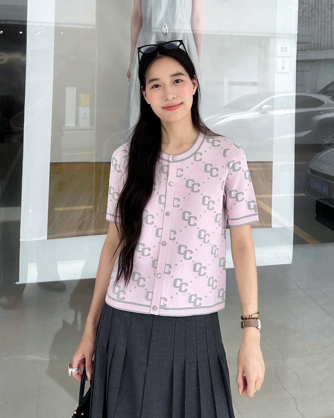 Áo CDG hồng ngắn tay full logo CC xám