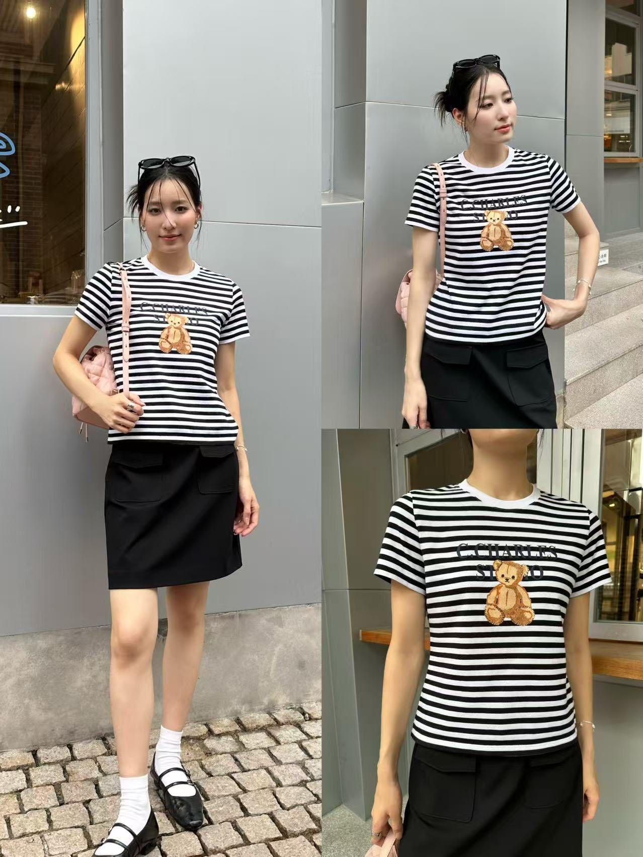 Áo phông kẻ đen trắng Gấu vàng