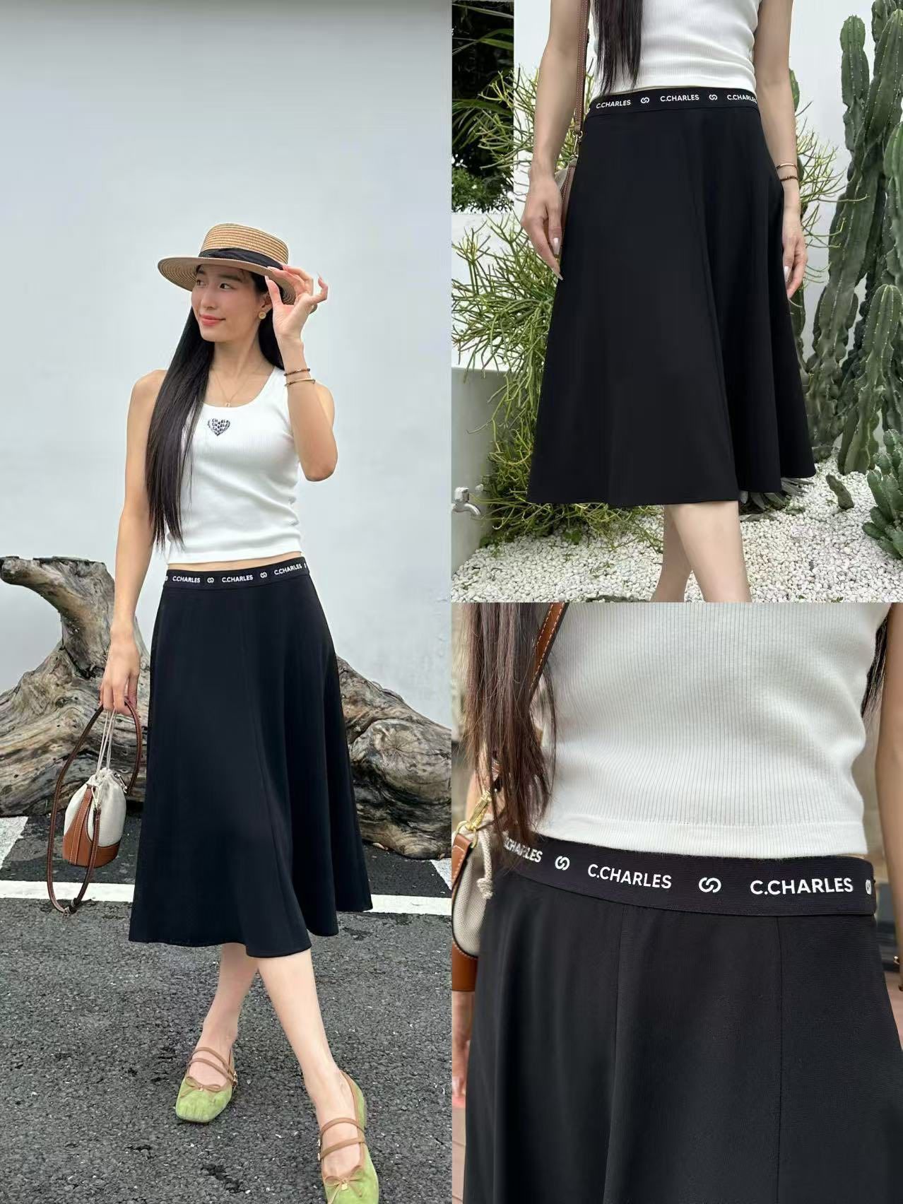 Chân váy xòe dài đen, cạp thun logo chữ chạy