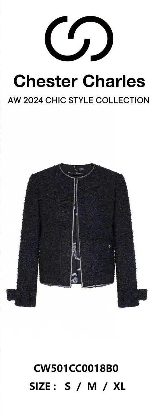 Áo dạ tweed đen. tay nơ