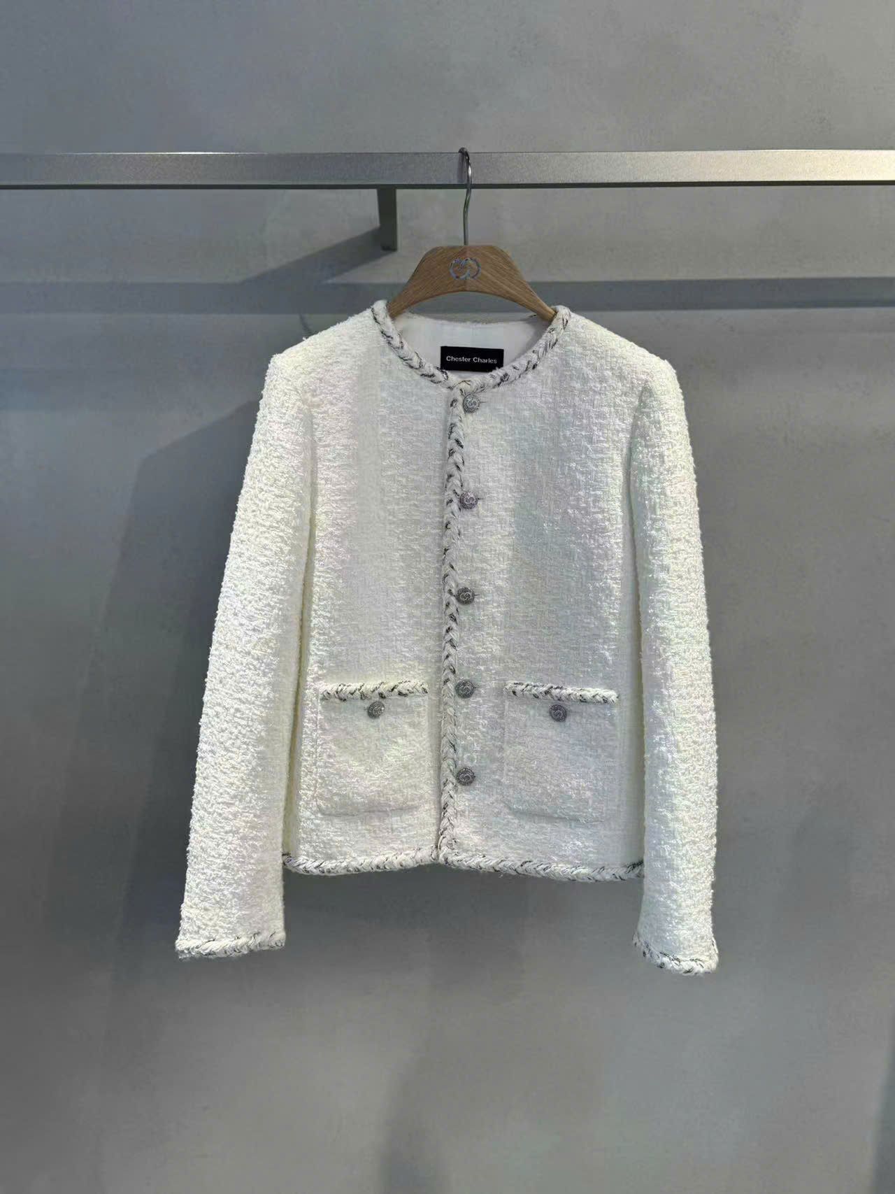 Áo Tweed trắng viền hồng - 2 túi
