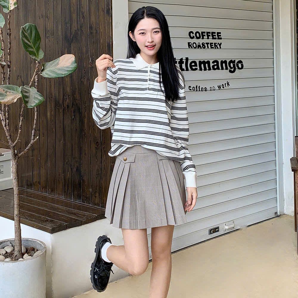 Chân váy be kẻ - 2 túi