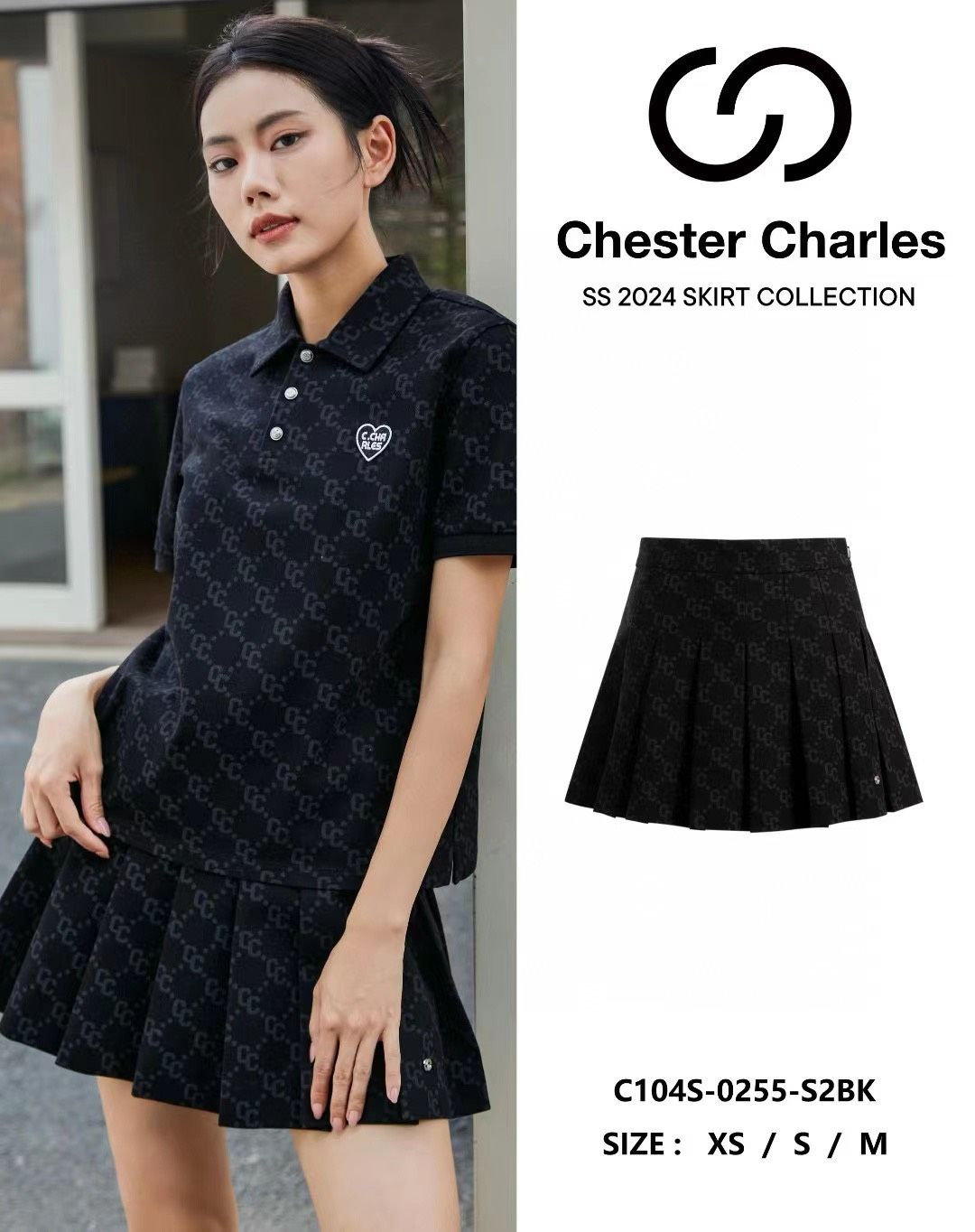 Bộ áo polo và chân váy - đen full logo tim trái set