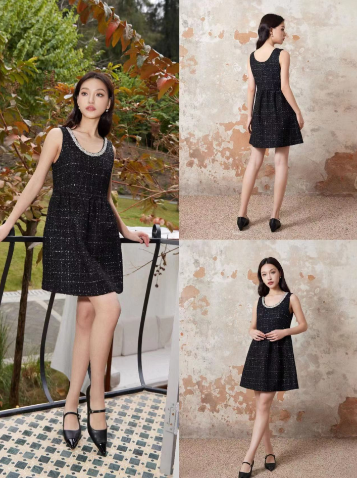 Váy dạ tweed đen - viền cổ đính đá