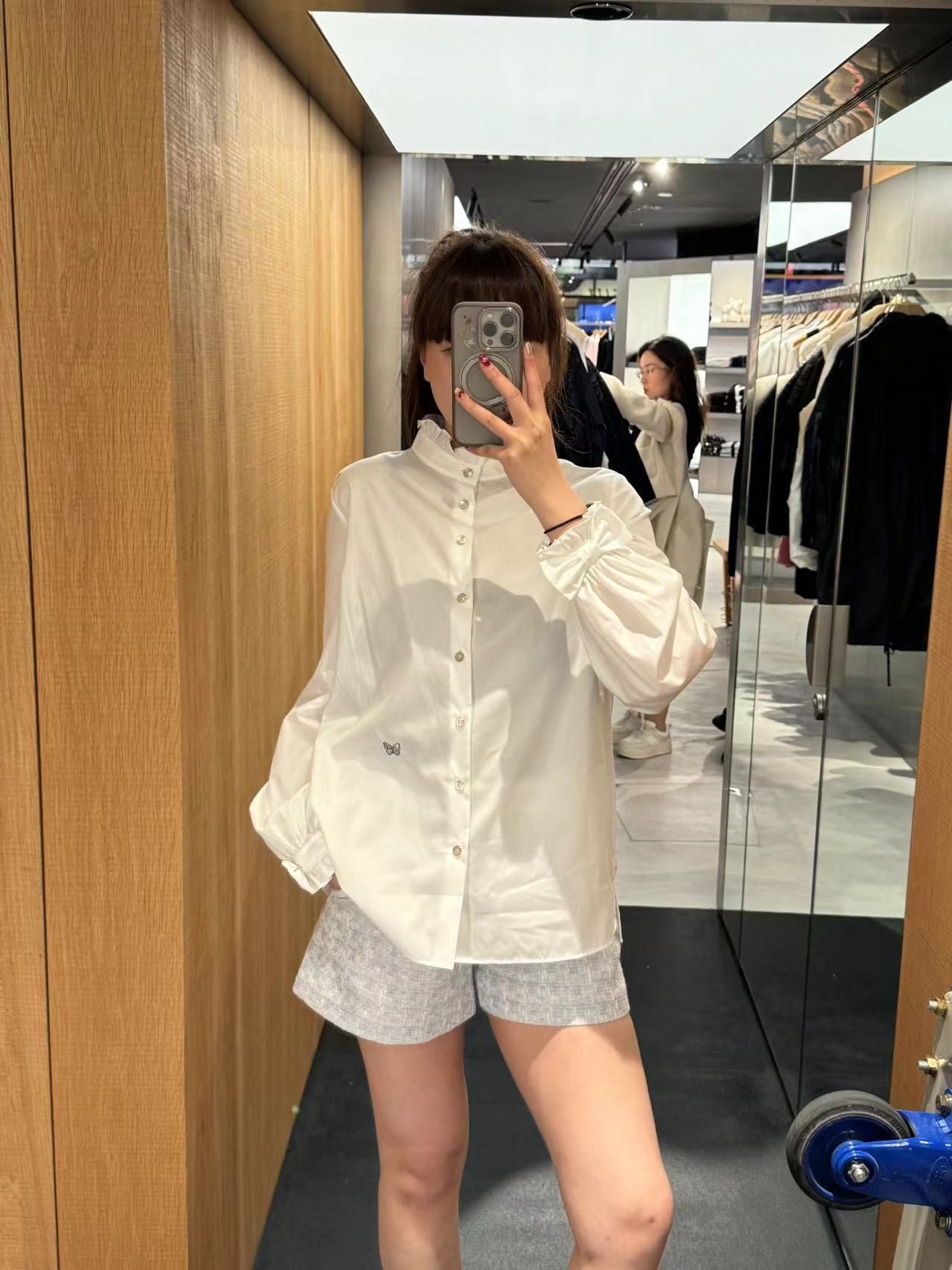 Sơ mi cotton - cổ đứng nhún bèo, Tay nơ
