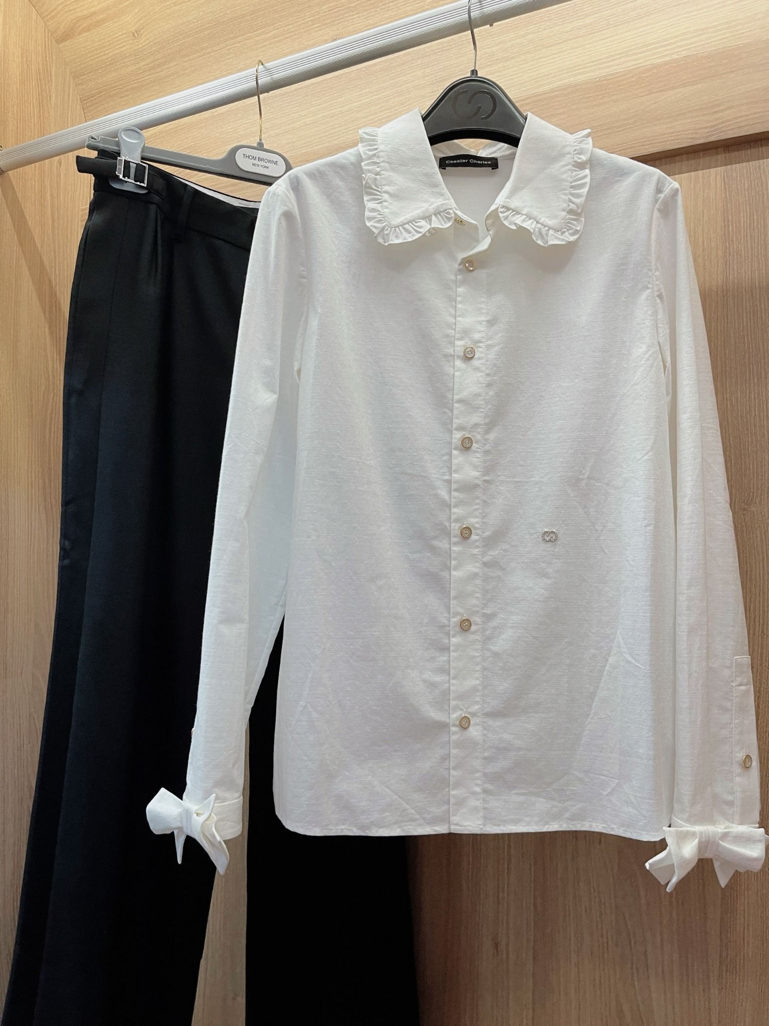 Sơ mi cotton - cổ đứng nhún bèo, Tay nơ