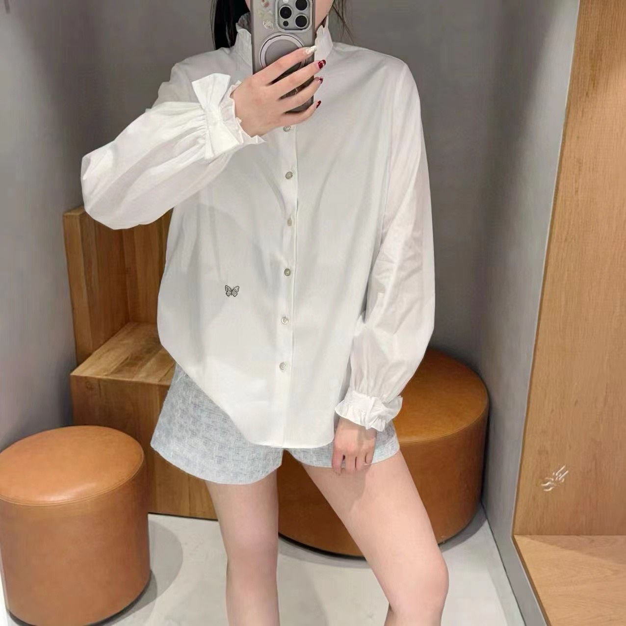 Sơ mi cotton - cổ đứng nhún bèo, Tay nơ