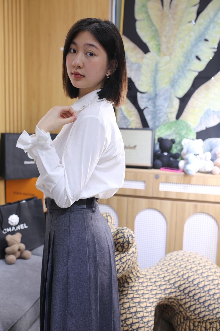 Sơ mi cotton - cổ đứng nhún bèo, Tay nơ