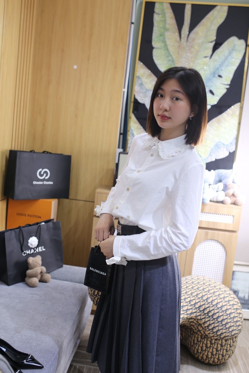 Sơ mi cotton - cổ đứng nhún bèo, Tay nơ