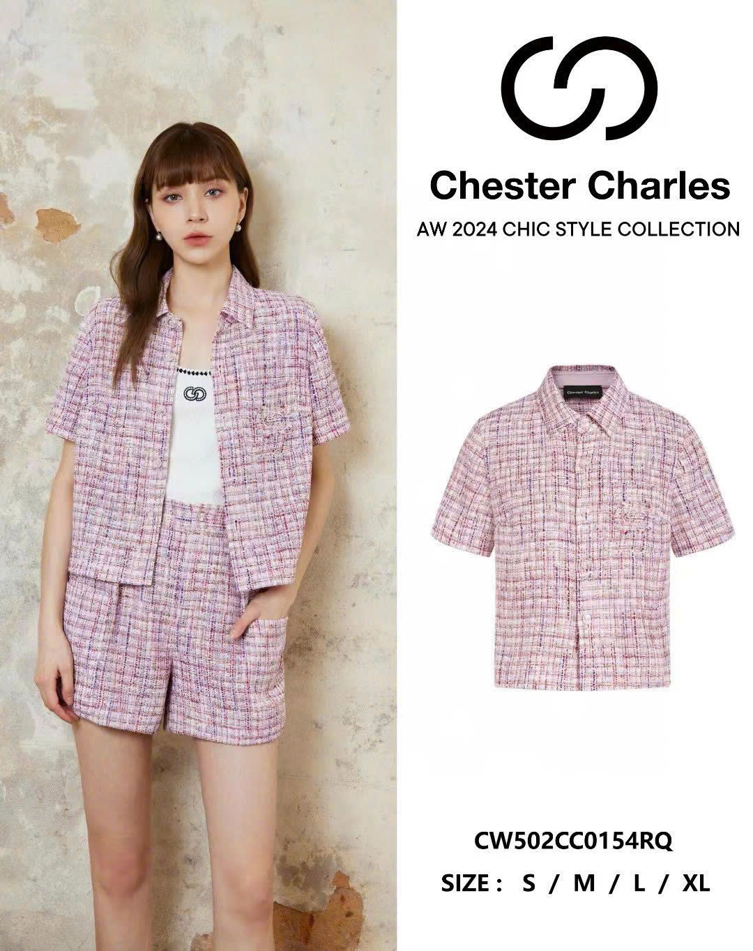 Áo tweed hồng ngắn tay - cổ V