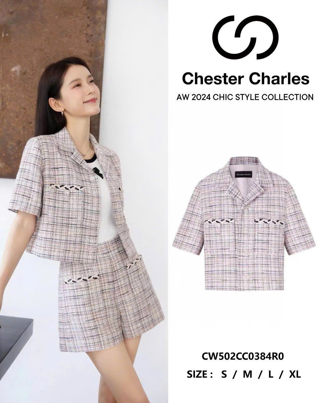 Áo dạ tweed xanh hồng ngắn tay