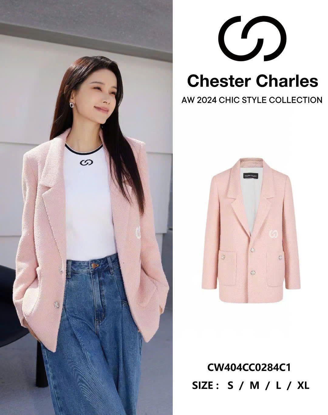 Áo vest tweed hồng cúc CC