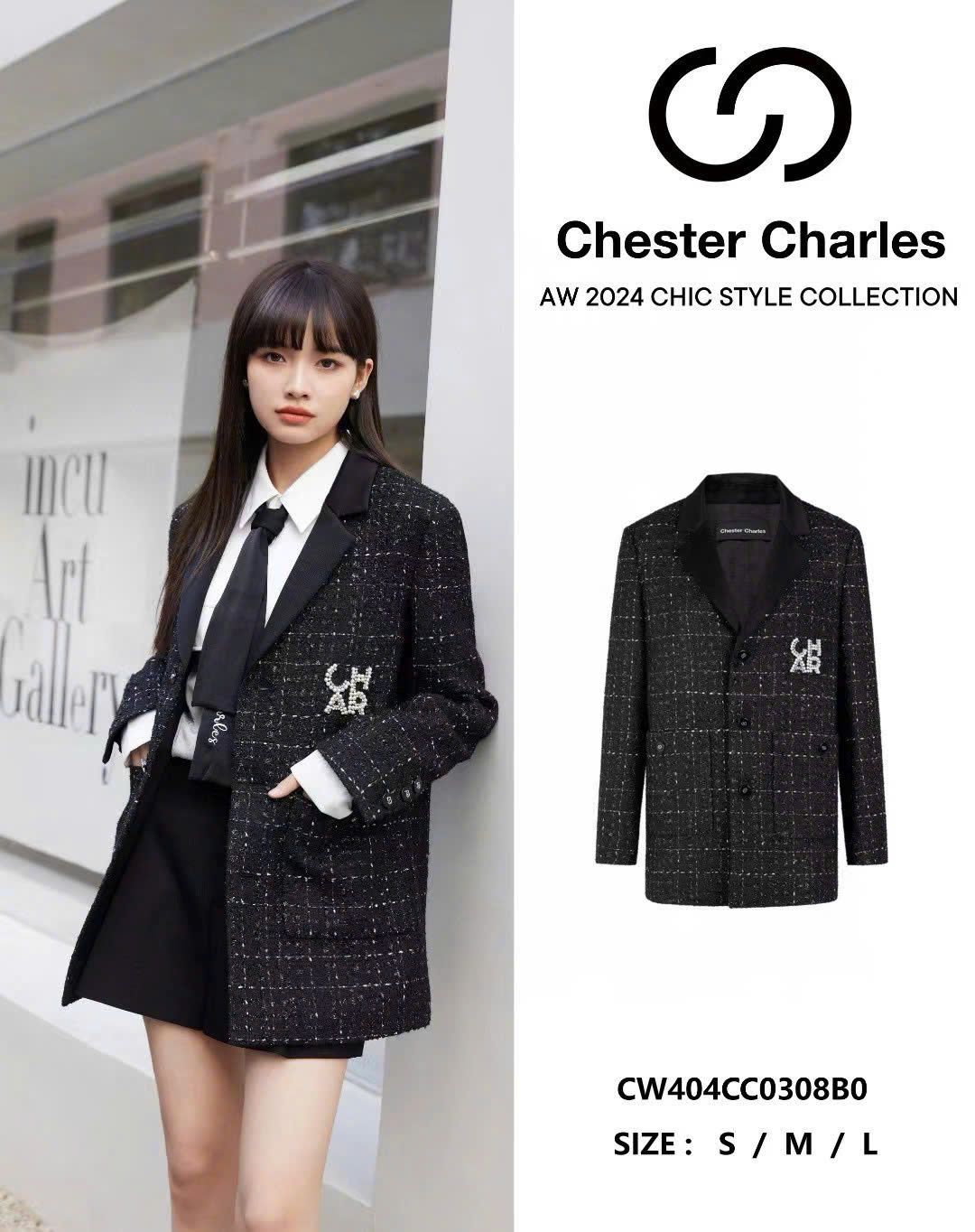 Áo vest dạ tweed đen dài - logo ngọc
