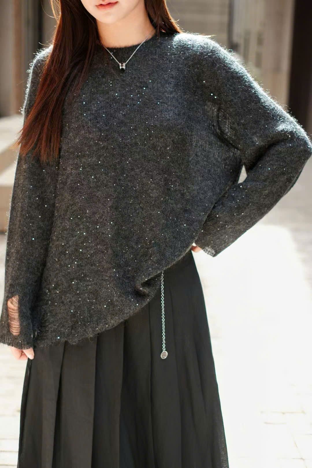 Áo len xốp dáng dài đính sequin