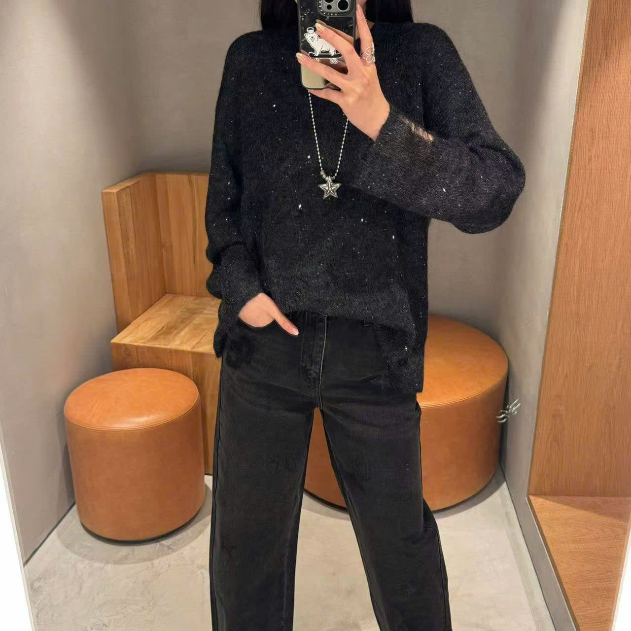 Áo len xốp dáng dài đính sequin