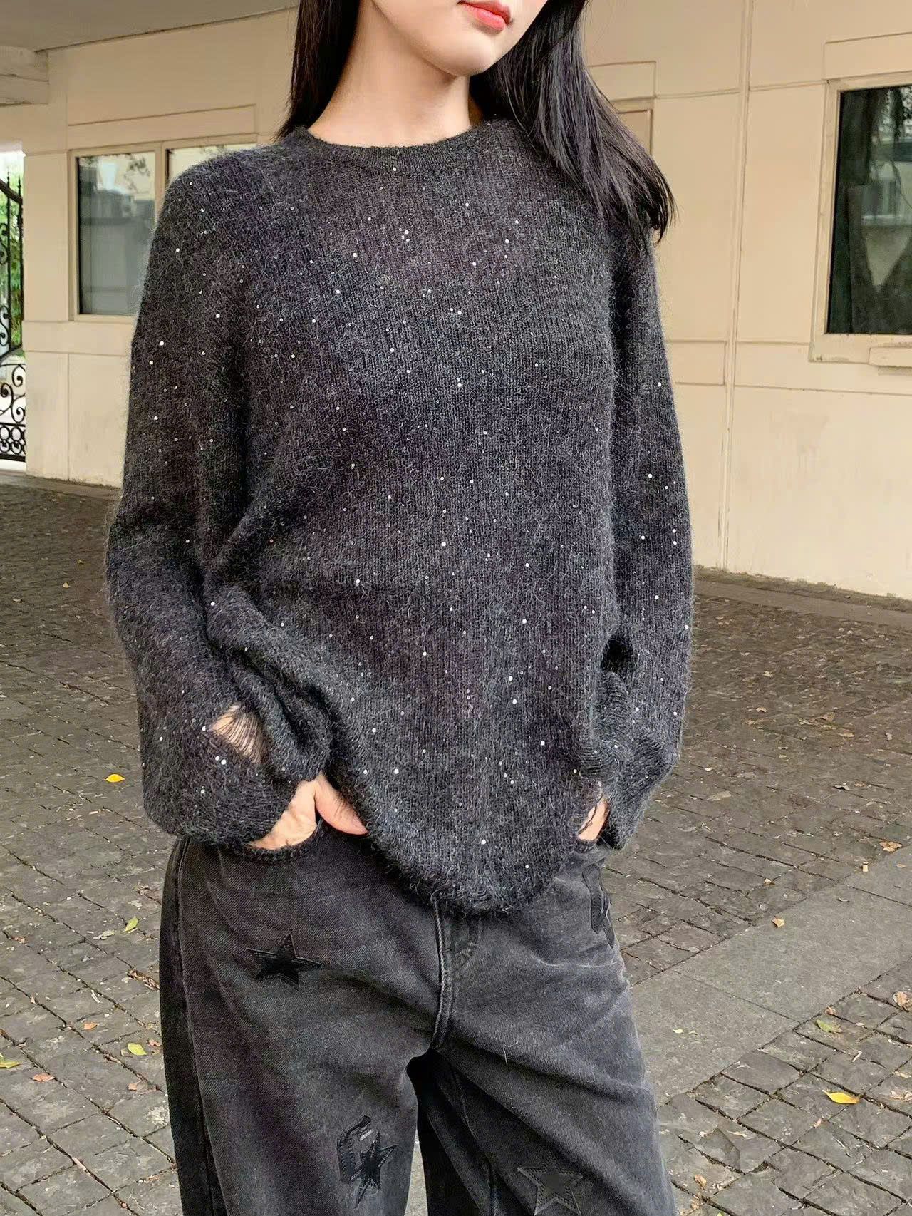 Áo len xốp dáng dài đính sequin