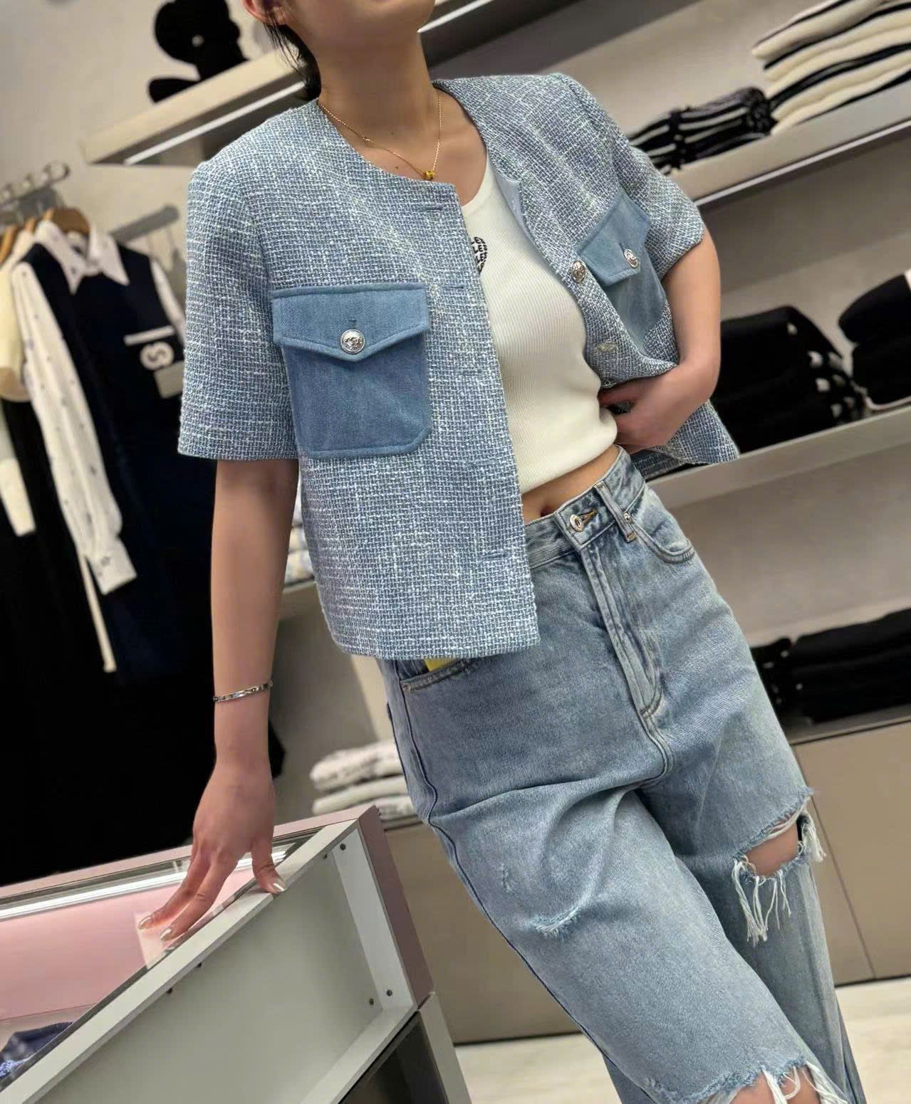Áo denim ngắn tay, 2 túi ngực