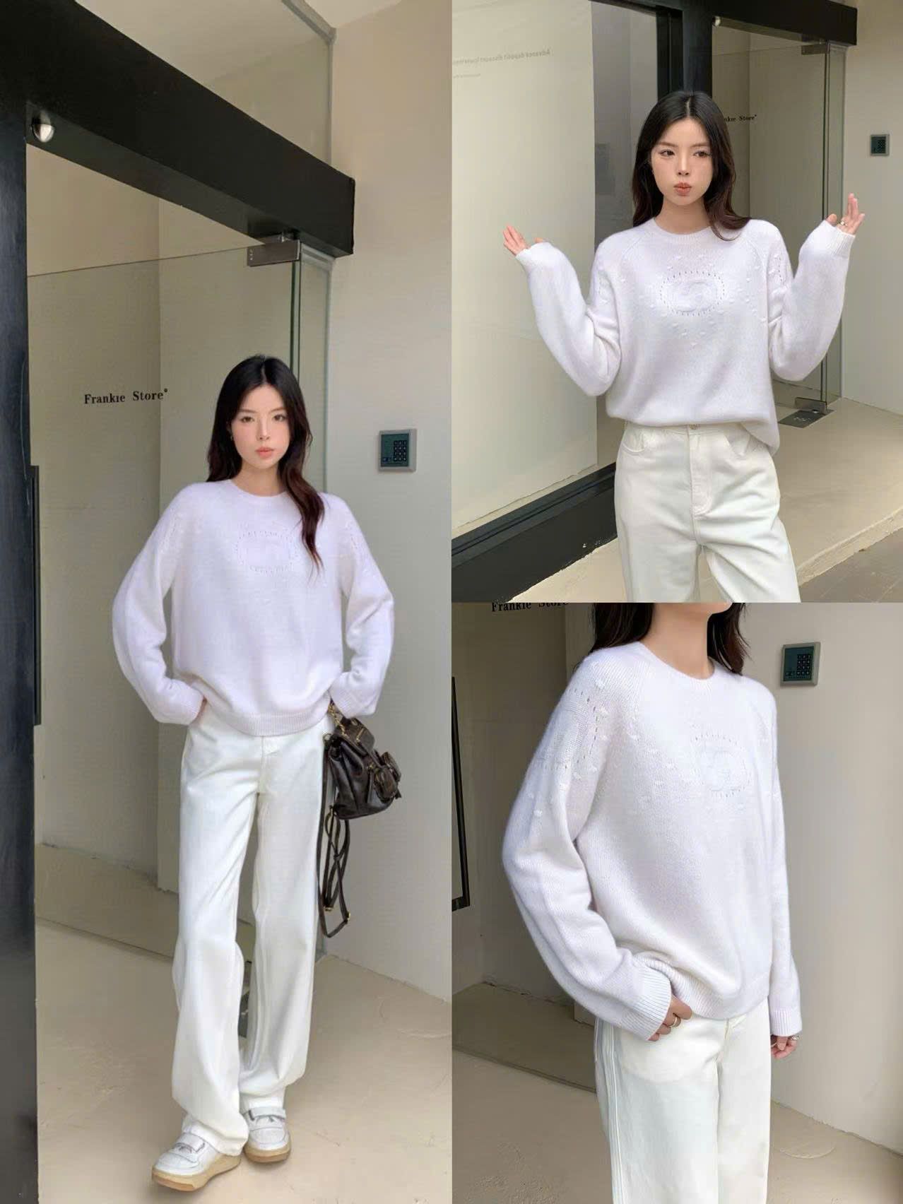 Áo len dài tay cashmere họa tiết ngực