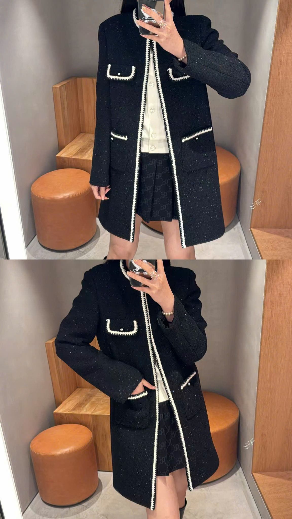 Áo dạ tweed dáng dài túi viền trắng