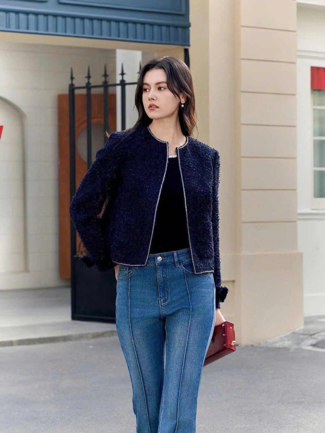 Áo dạ tweed đen. tay nơ