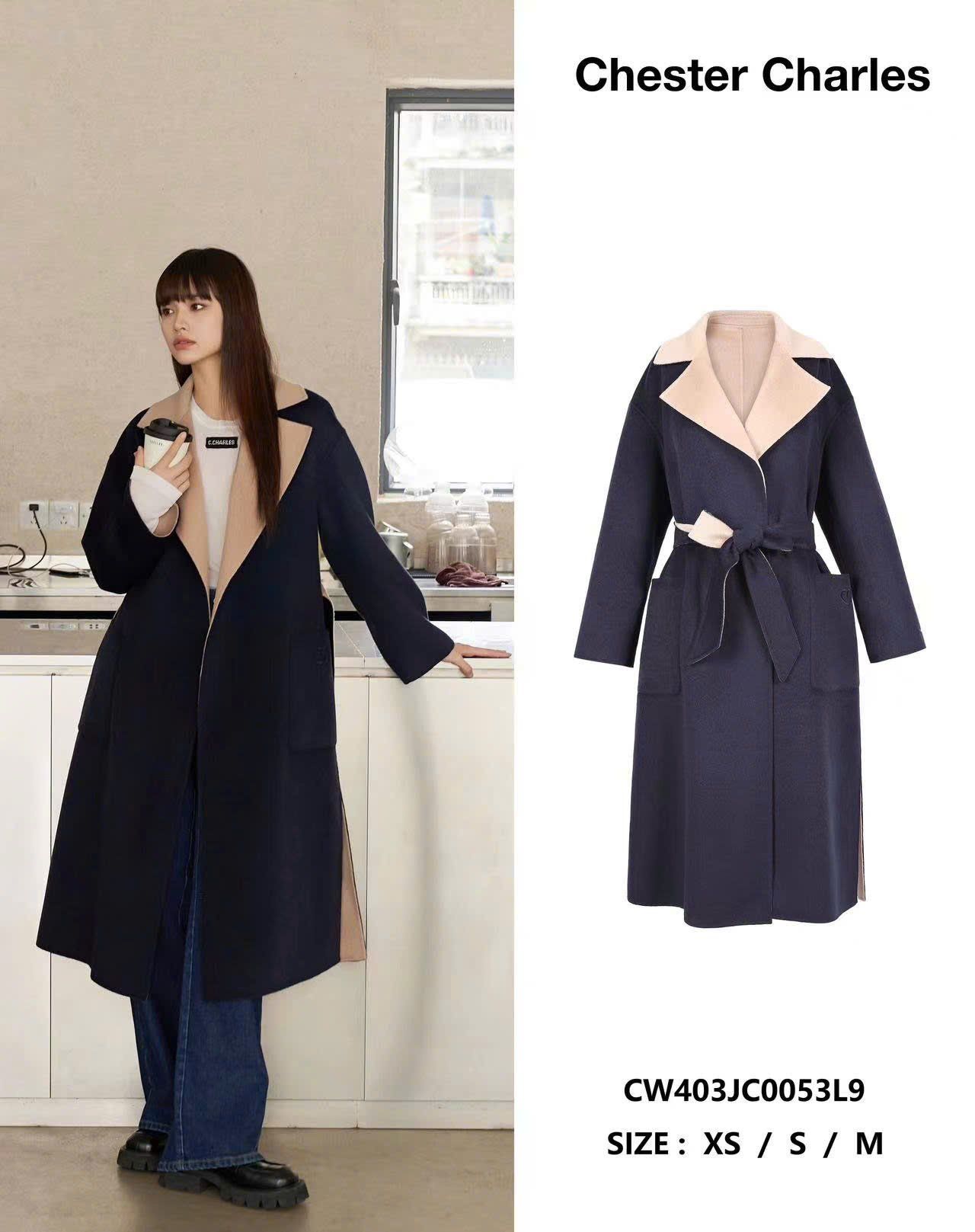 Áo dạ mangto xanh navy, cổ ve màu be