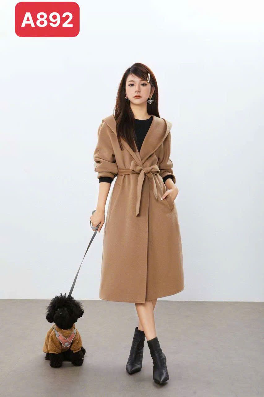 Áo dạ 100% cashmere nâu tây có mũ
