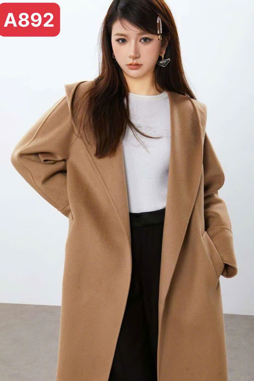 Áo dạ 100% cashmere nâu tây có mũ