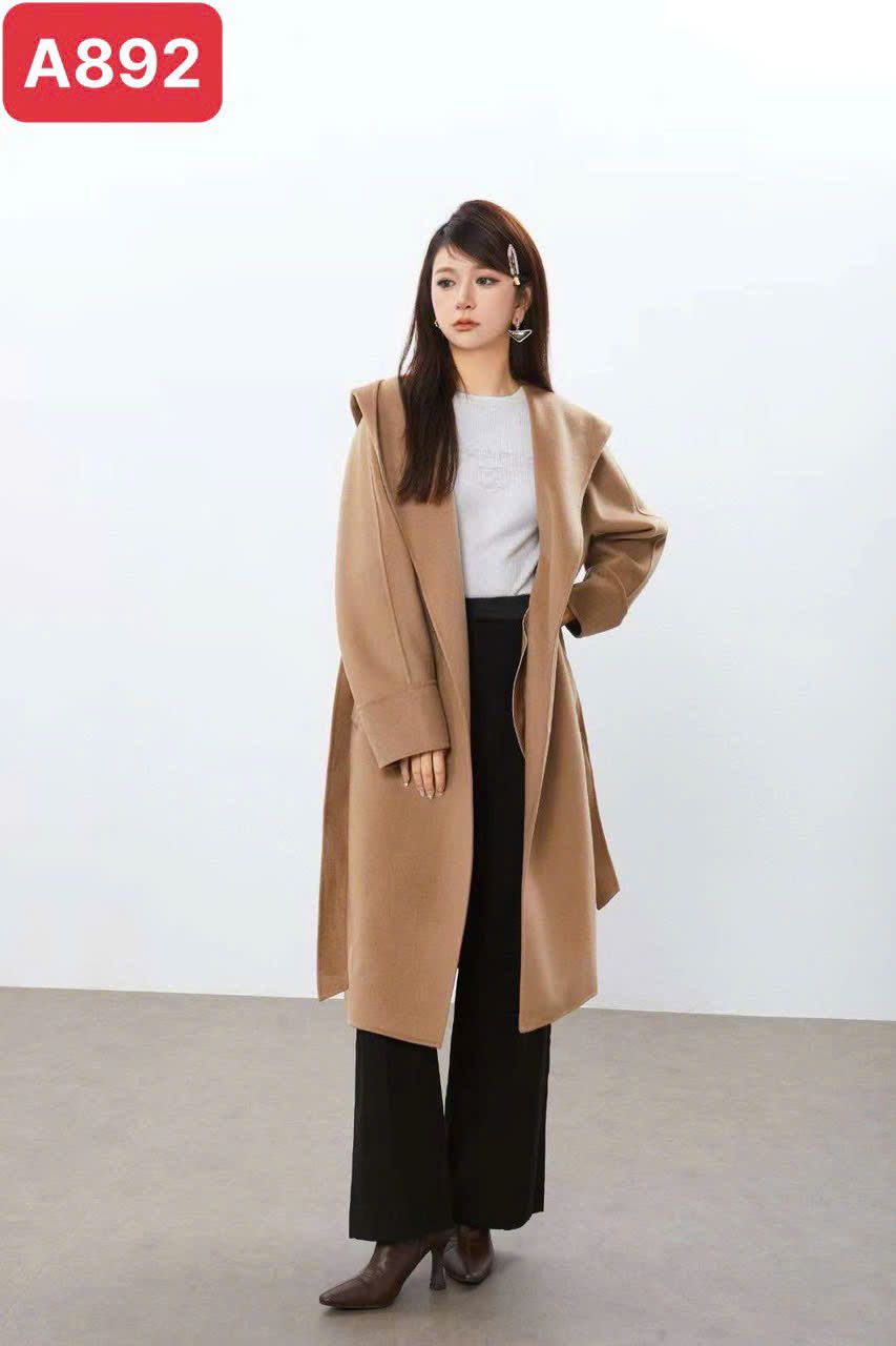 Áo dạ 100% cashmere nâu tây có mũ