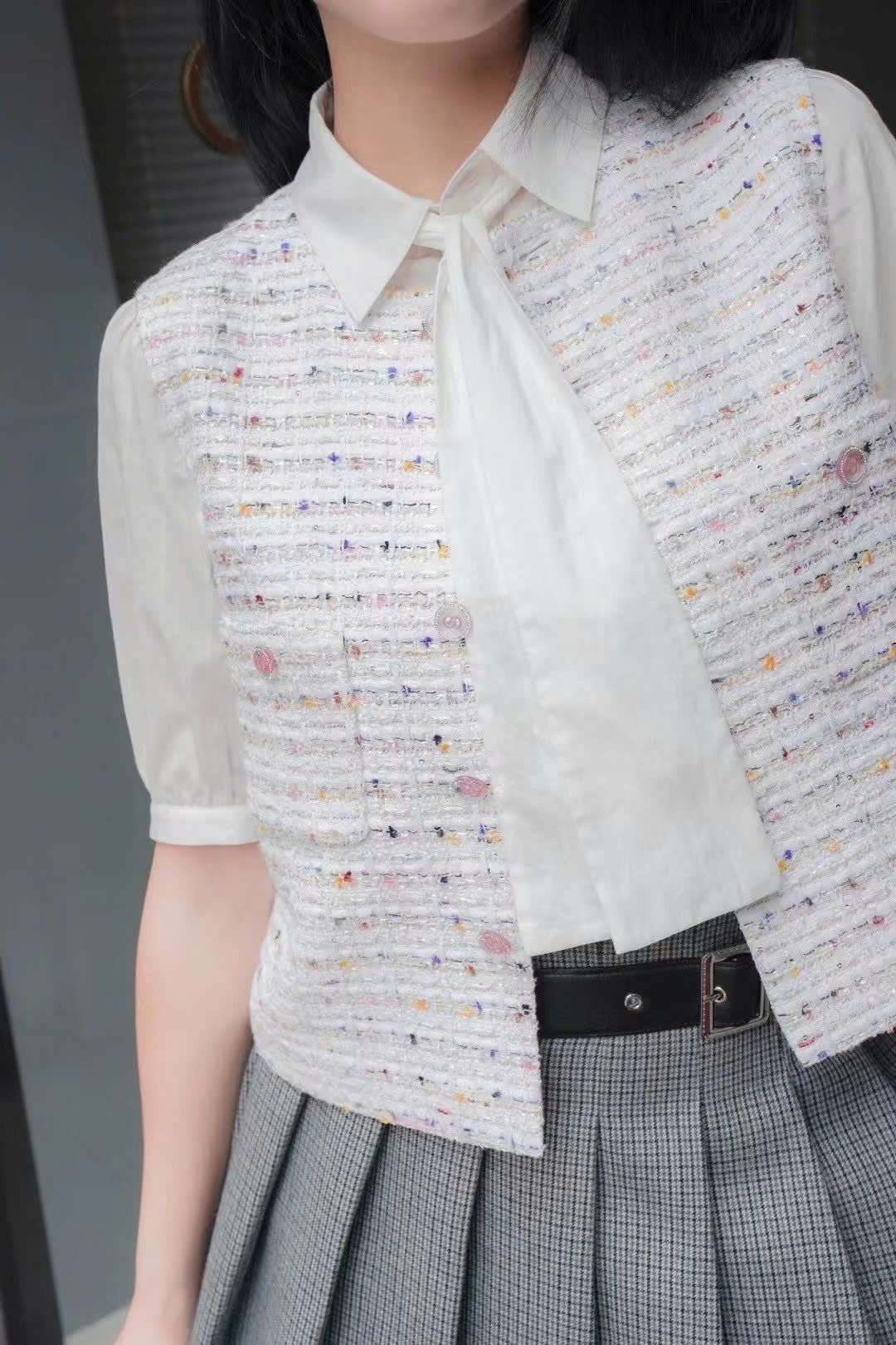 Áo ghile tweed trắng kim tuyến