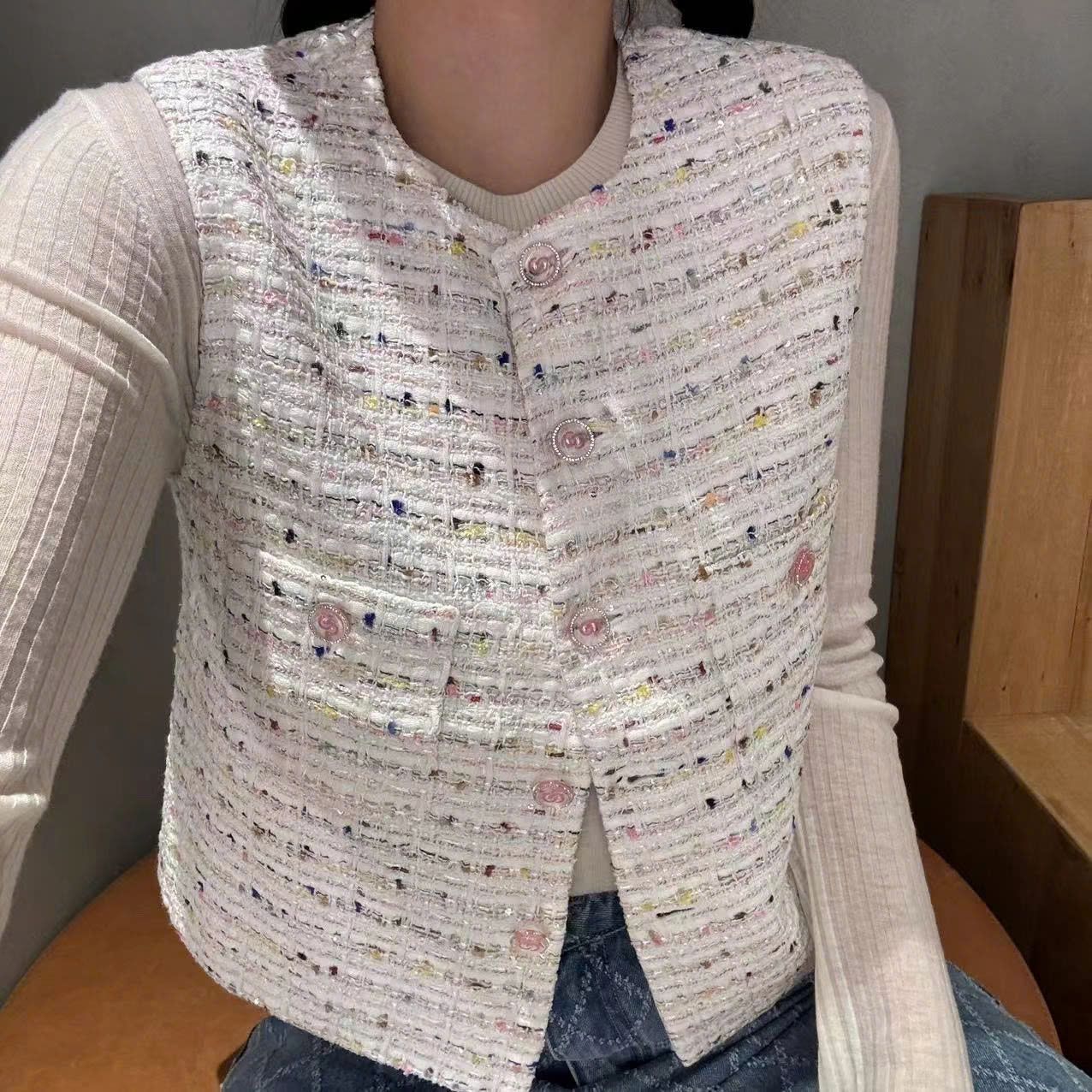 Áo ghile tweed trắng kim tuyến