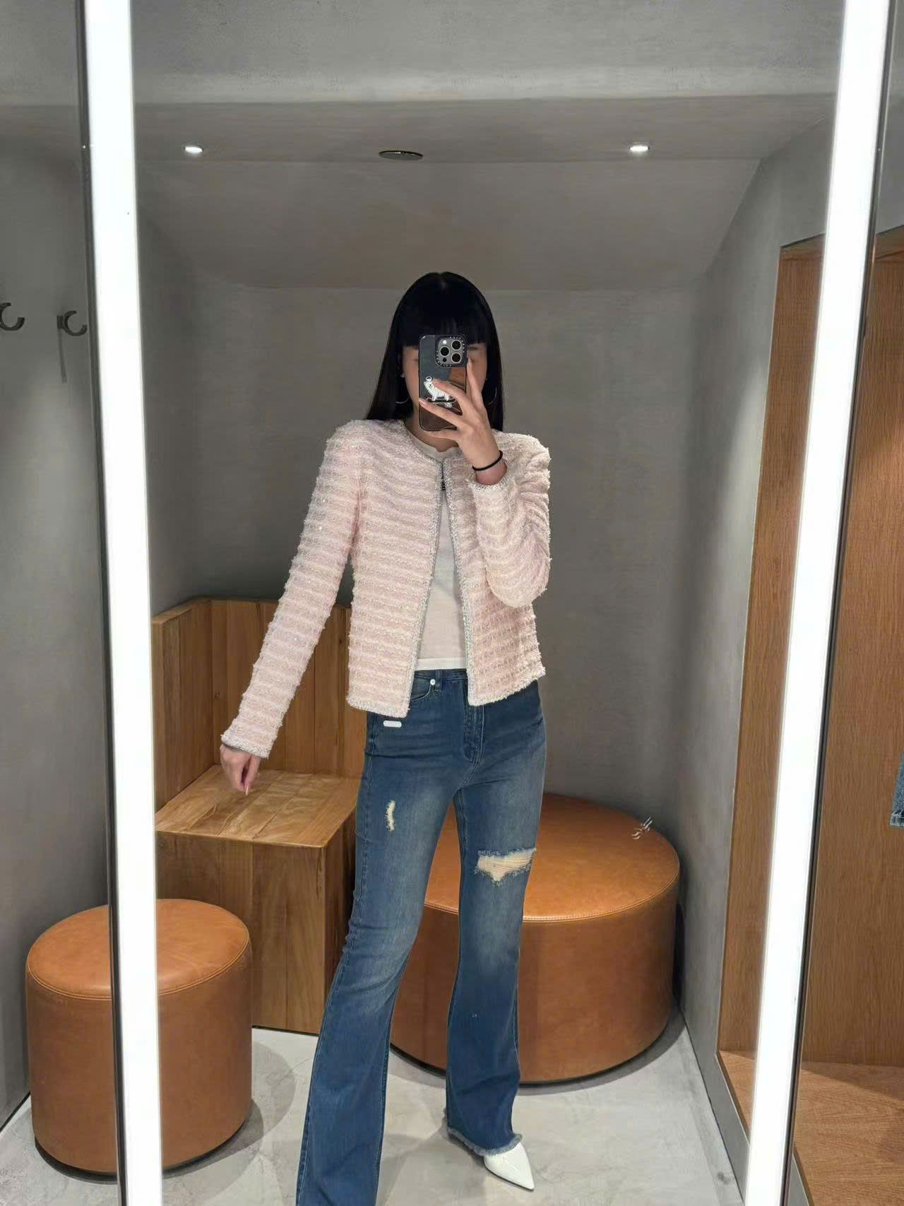 Áo Twed hồng- kẻ kim tuyến (SET)