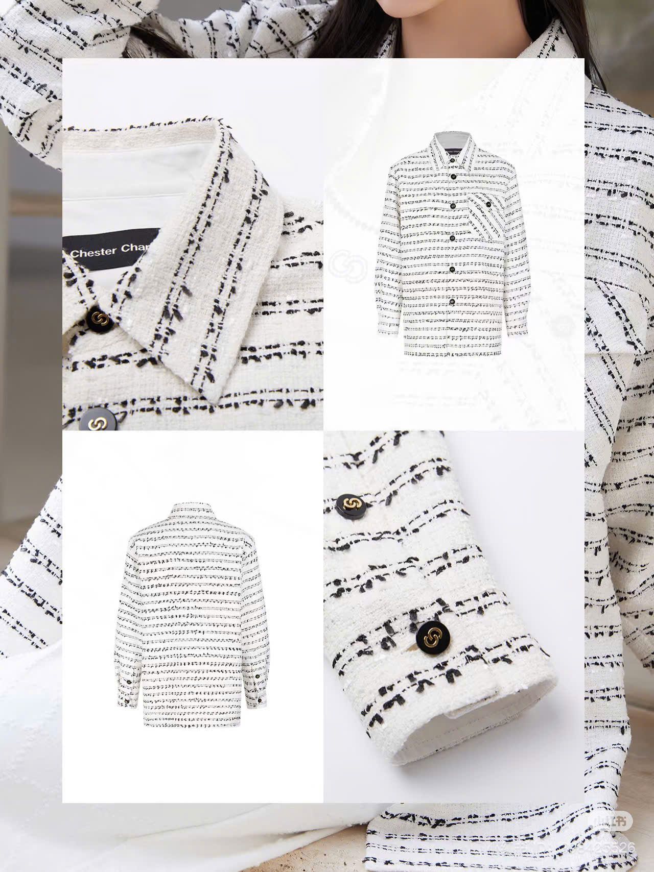 Áo Tweed logo chạy cúc đen
