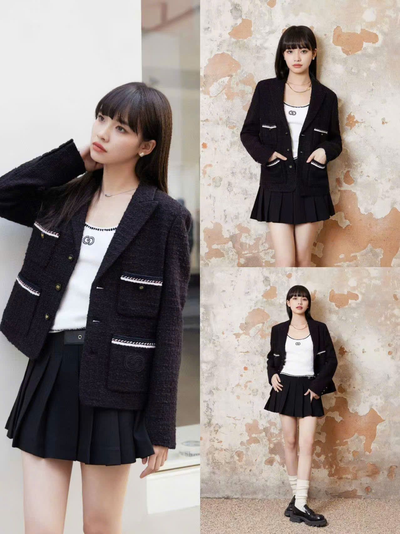 Áo dạ tweed-túi viền trắng