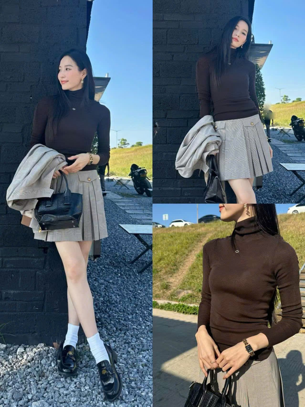 Áo dài tay nâu cổ lọ