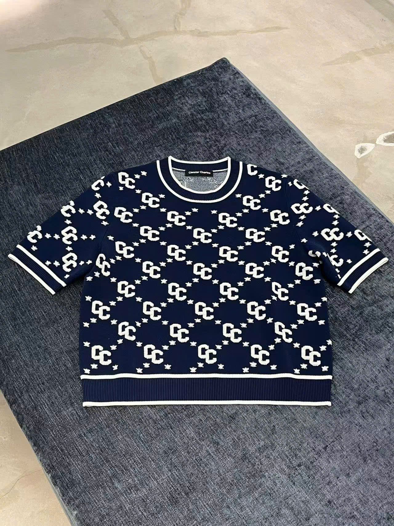Áo len ngắn tay full logo - xanh navy