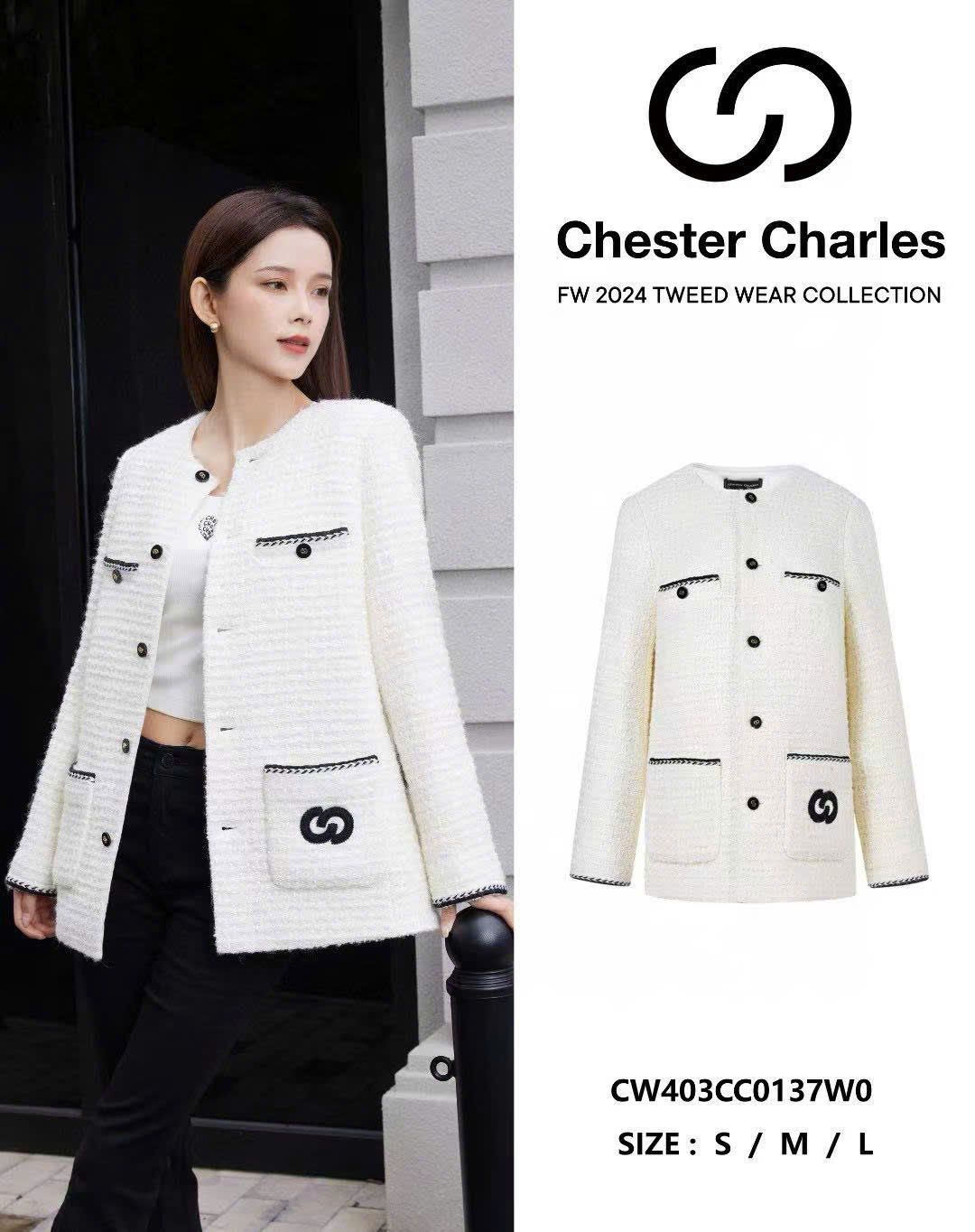 Dạ tweed trắng viền túi - dáng dài