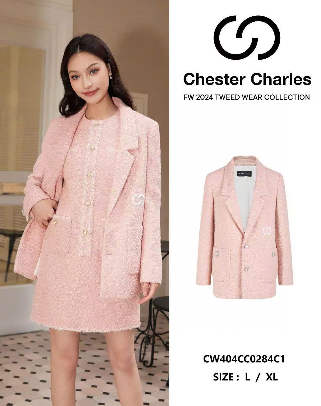 Áo vest tweed hồng cúc CC