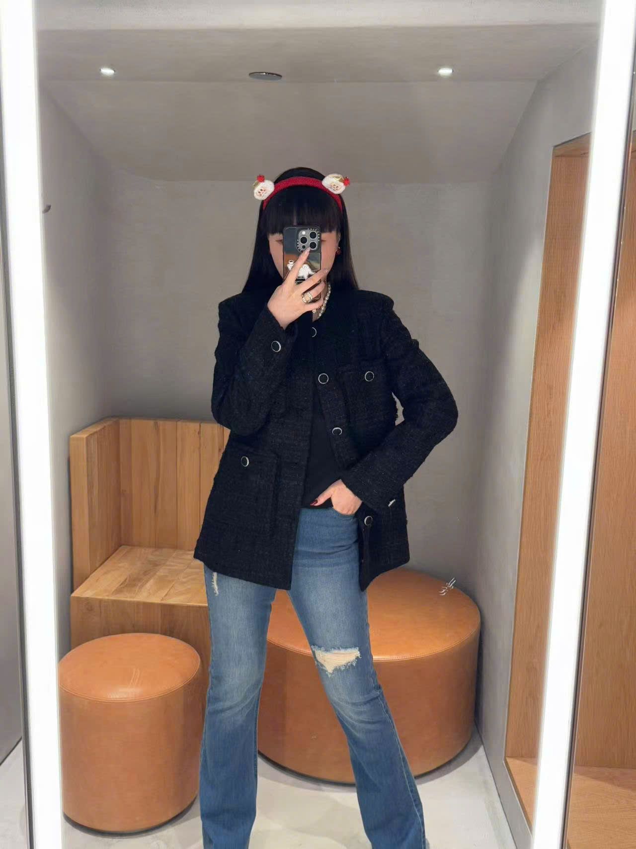 Áo dạ tweed đen dài