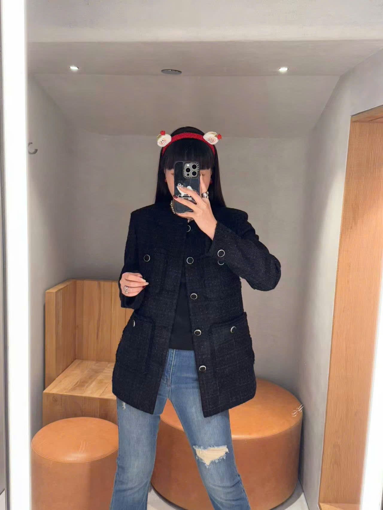 Áo dạ tweed đen dài