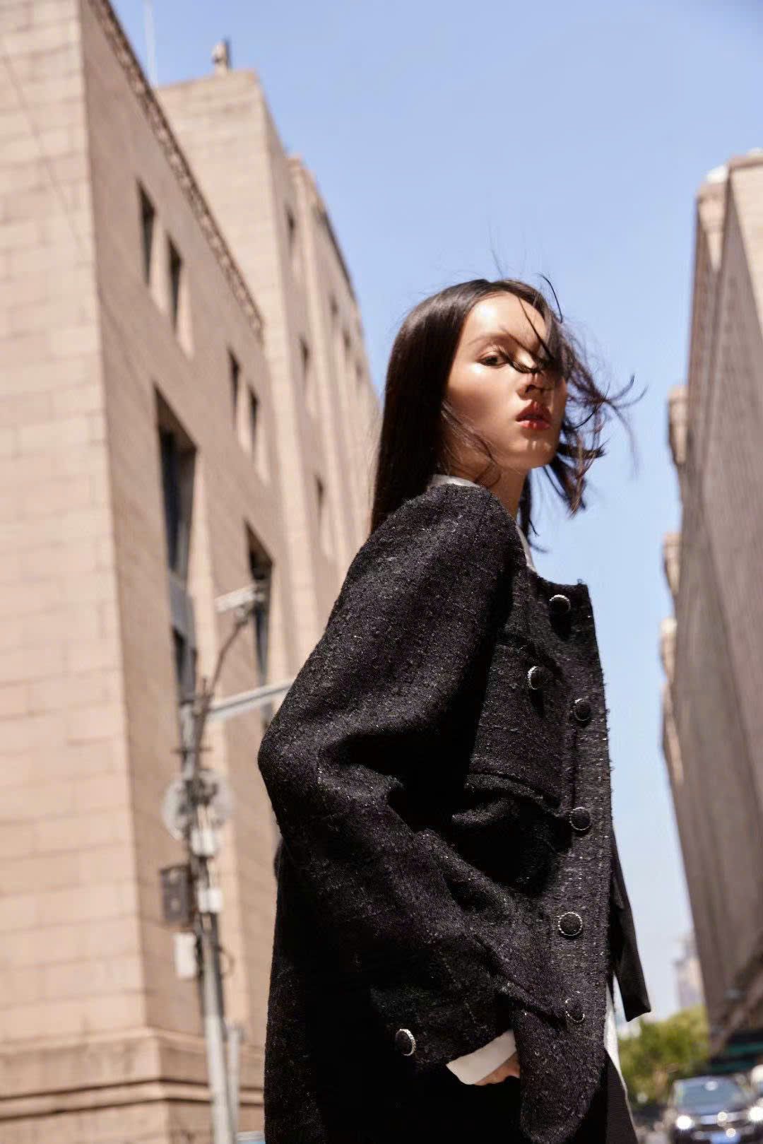 Áo dạ tweed đen dài