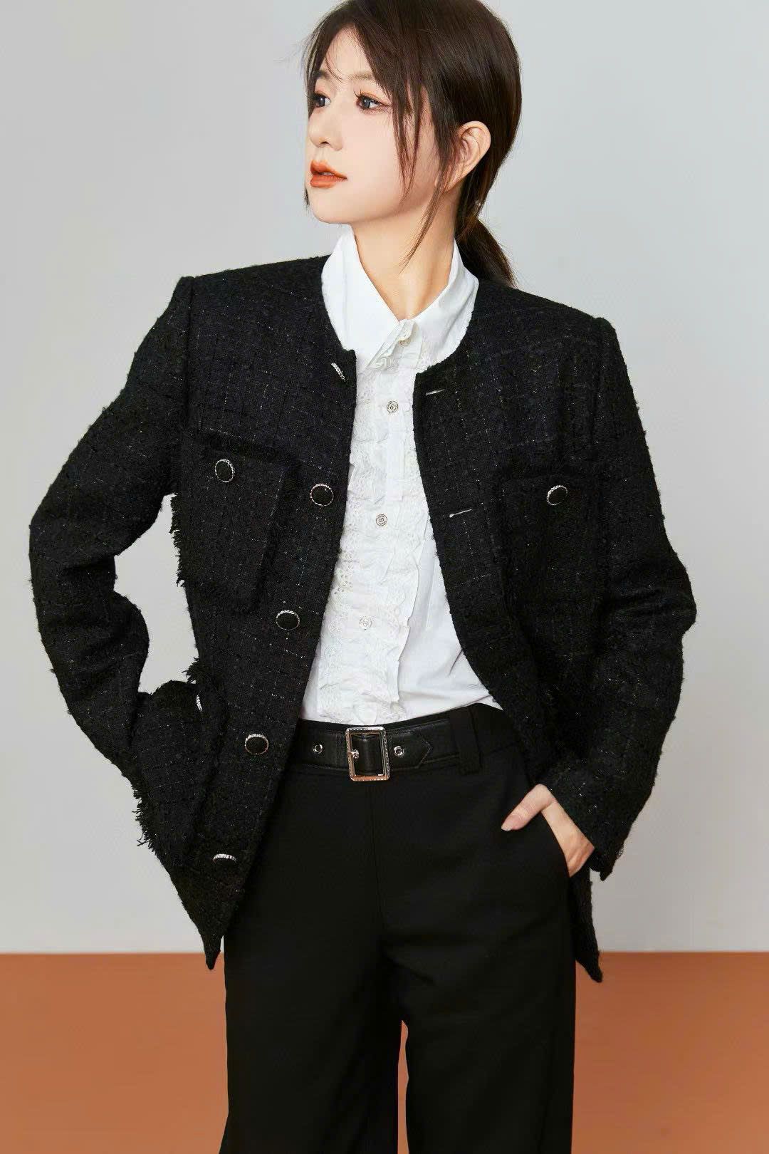 Áo dạ tweed đen dài