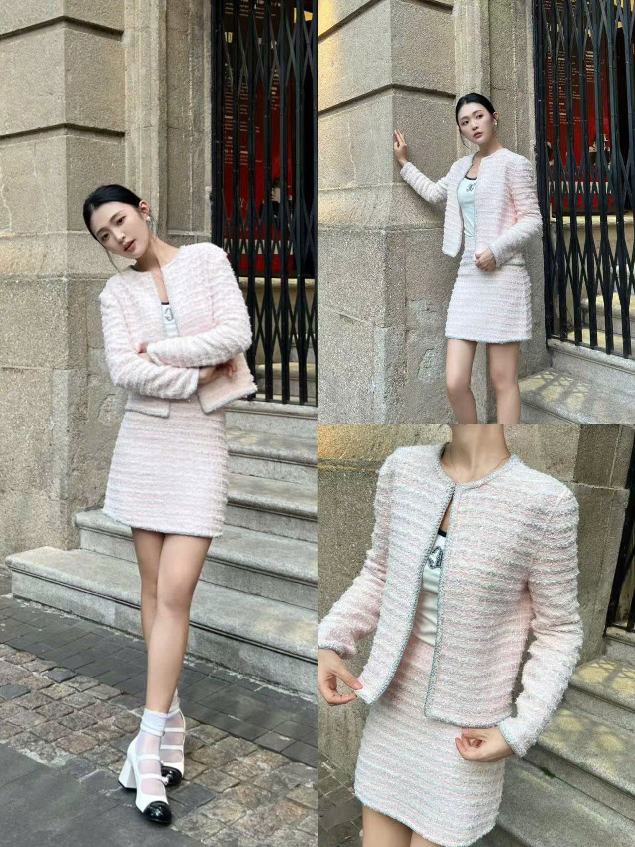 Bộ áo Twed và chân váy Twed hồng - kẻ kim tuyến set