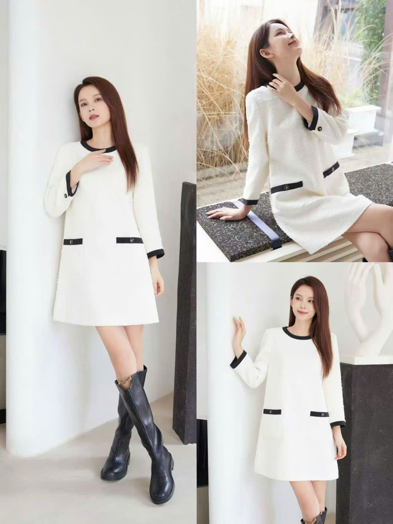 Váy dạ tweed trắng viền nhung