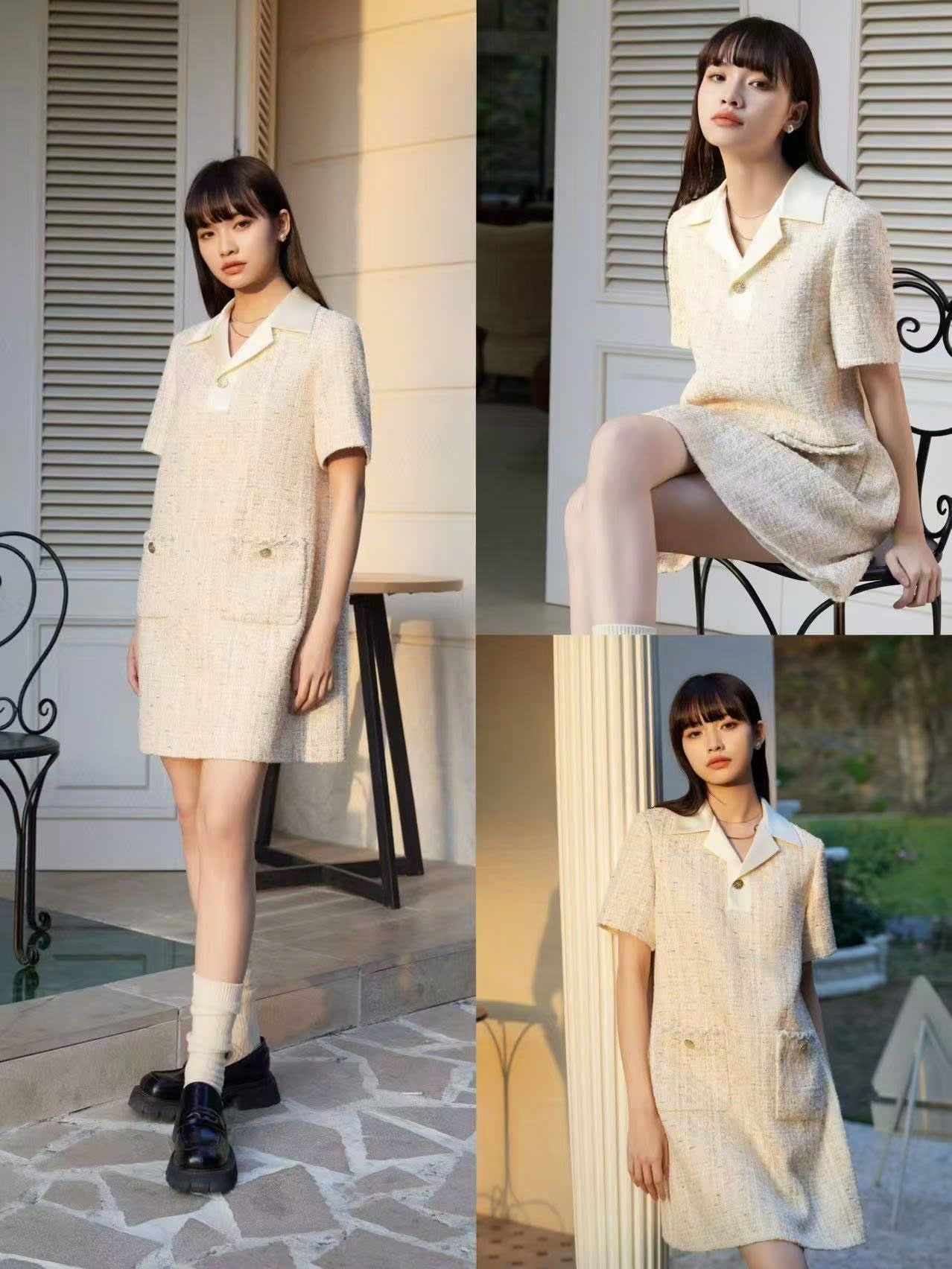 Váy dạ tweed cúc vàng viền cổ trắng