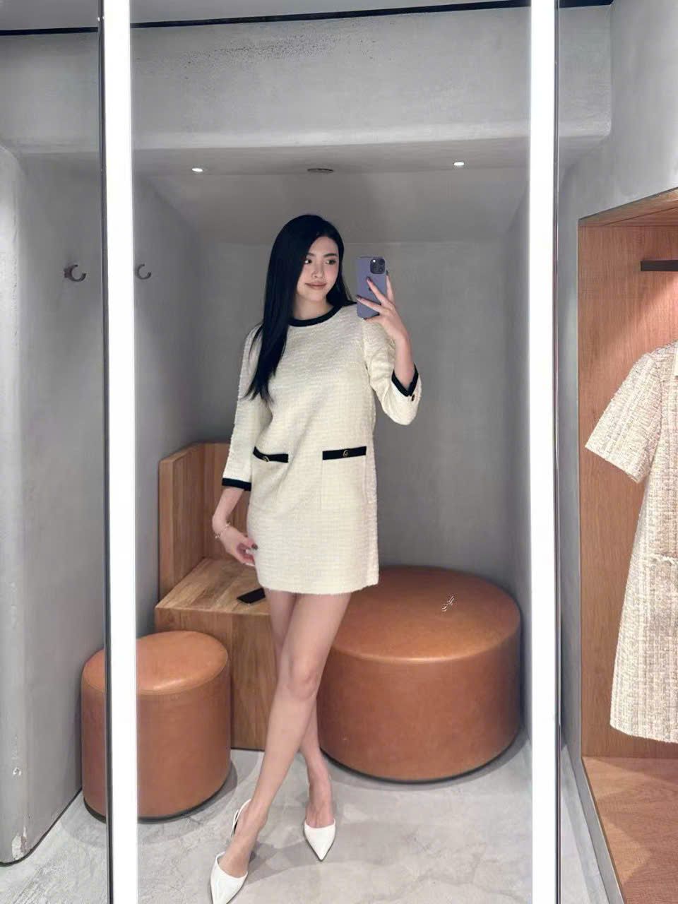 Váy dạ tweed trắng viền nhung