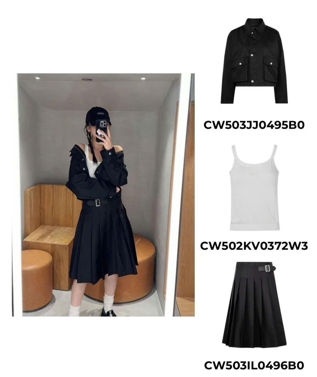 Bộ Khoác đen khóa kéo (Poli) và Chân váy xếp ly dài , 1/2 belt da set