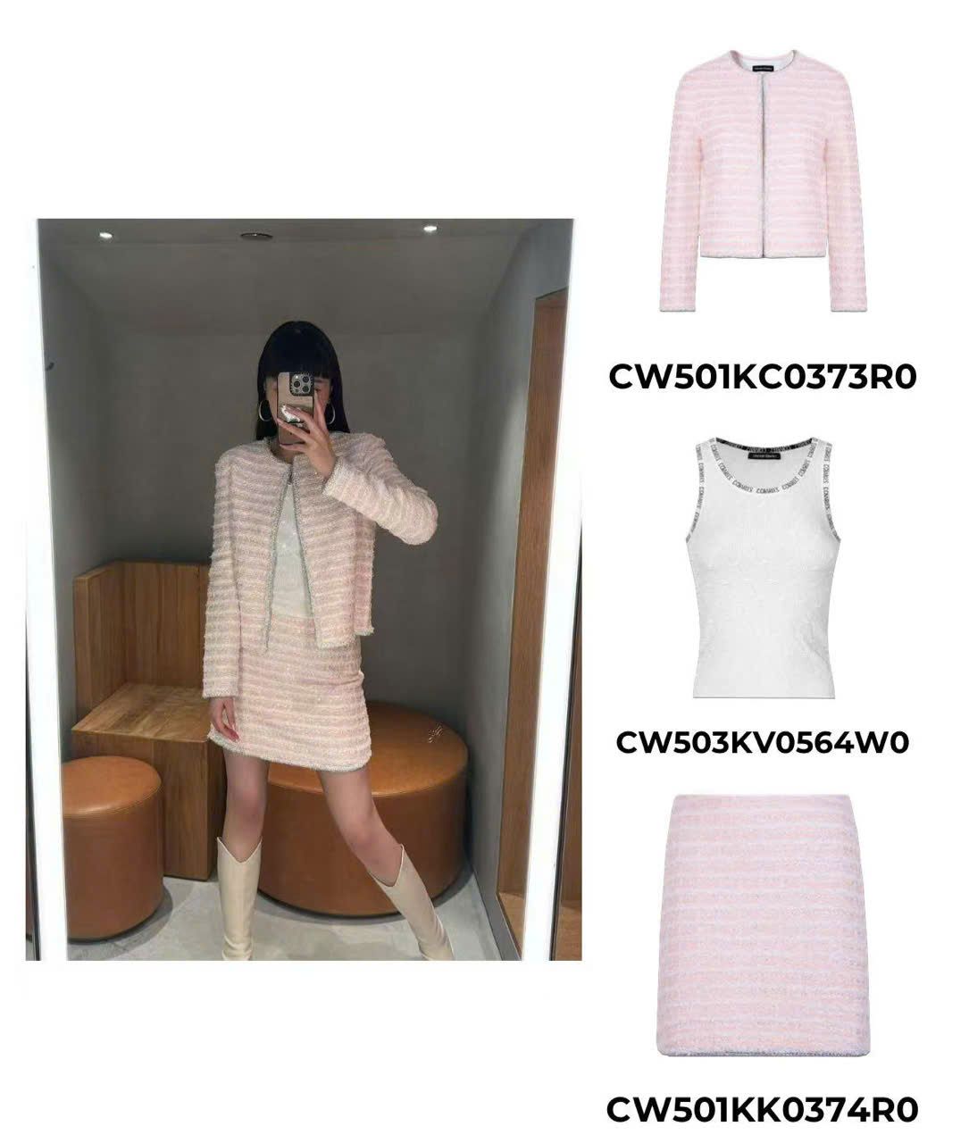 Bộ áo Twed và chân váy Twed hồng - kẻ kim tuyến set