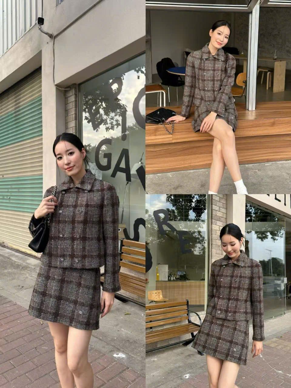 Bộ áo Vest kẻ và chân váy chữ A kẻ set